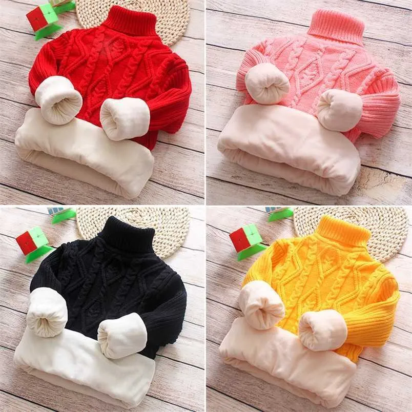 2T-12T Winter Thick Sweaters Boys Girl Knitted Bottoming Turtleneck Shirts Kids Solid High Collar Pullover Sweater Warm Knitwear 211201