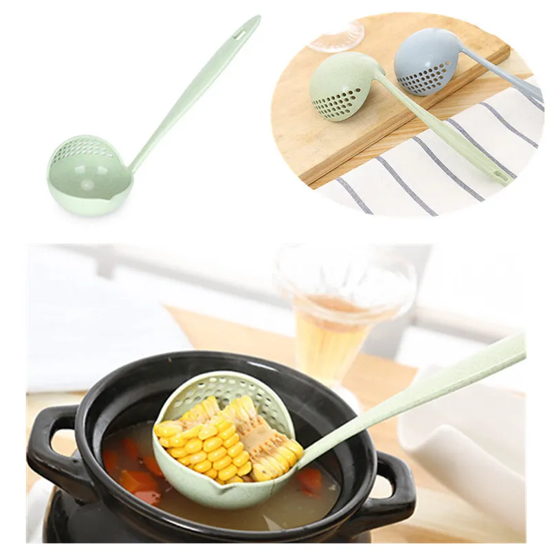Dual Purpose Spoon 2 In 1 With Filter Soup Ladle Wheat Straw Long Handle Spoons For Cooking Kitchen Colander Kitchen Tools
