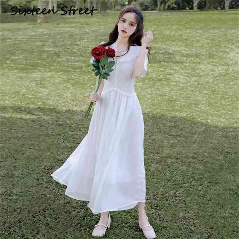 Långa klänningar kvinnor vit chiffong och spets maxi v-hals kortärmad fotled-längd fest elegant sommar 210603