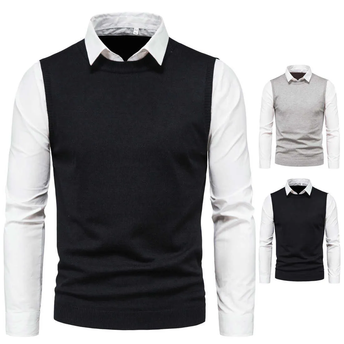 2021 Spring Autumn Men's Sweater White Lapel Shirt Vest Fake Two Piece Sweaters Y0907