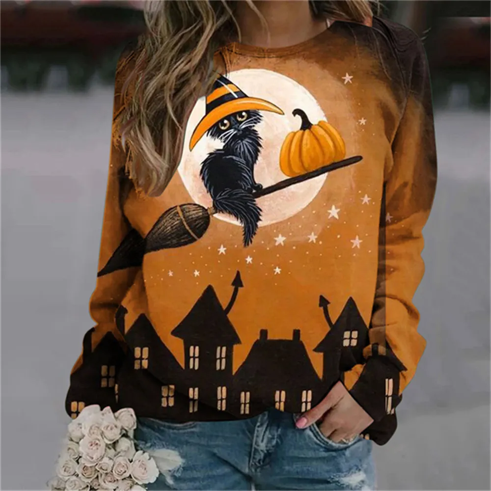 Women s Halloween Cat Pumpkin Print Long Sleeve Sweater Casual Crew Neck Pullover Top Polyester