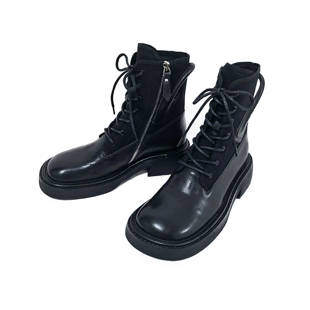 black Martin heel 4cm fabric leather patchwork canvas trim zipper boot