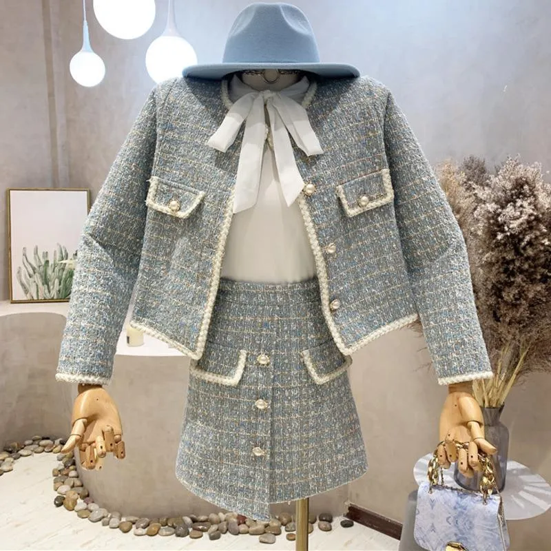 Work Dresses Small Fragrance Tweed Two Piece Set Women Crop Top Short Jacket Coat + Irregular Skirt Suits Autumn Winter Vintage 2 Sets