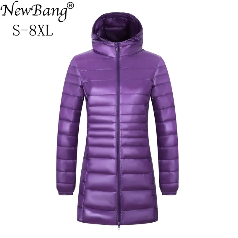 BANG Märke 6XL 7XL 8XL Plus Size Down Coat Kvinna Lång Vinter Ultra Light Down Jacket Kvinnor Hooded Feather Jacket Warm Coat 210819