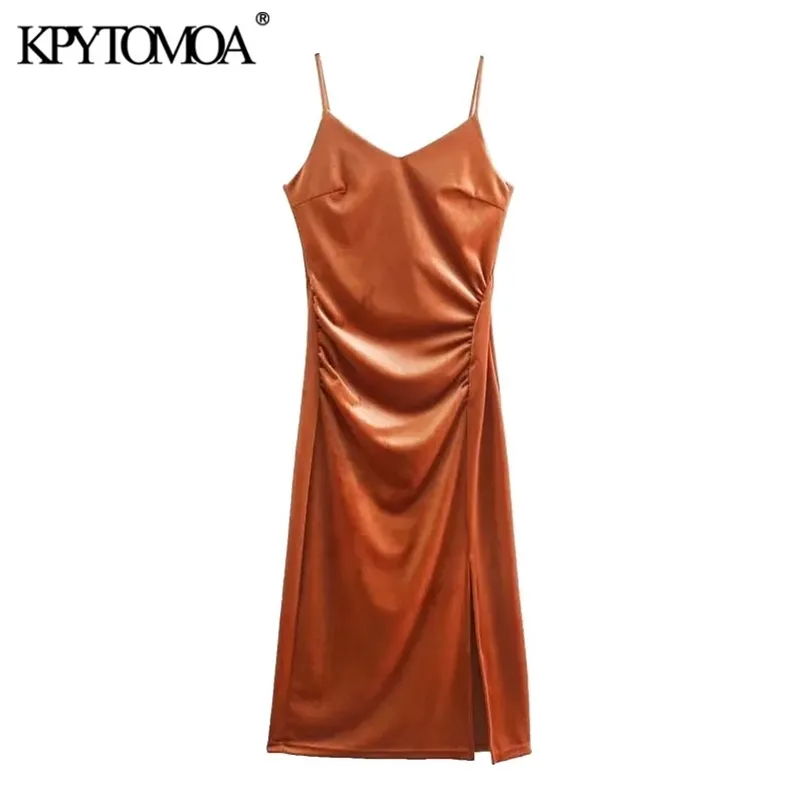 女性シックなファッションフロントスリットプリーツベルベットのミディドレス背中のない薄いストラップ女性ドレスvestidos Mujer 210420