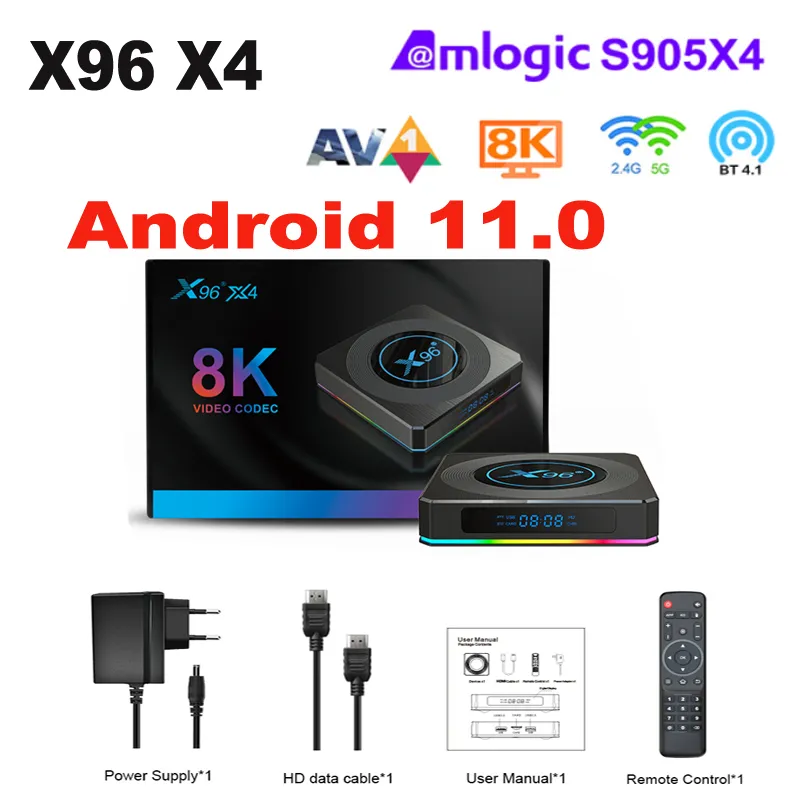 X96 X4 Amlogic S905X4 Android 11.0 Smart TV BOX 4GB 64GB رباعي النواة 2.4G / 5G ثنائي النطاق WIFI 8K Media Player Set-Top-Box 4G 32G