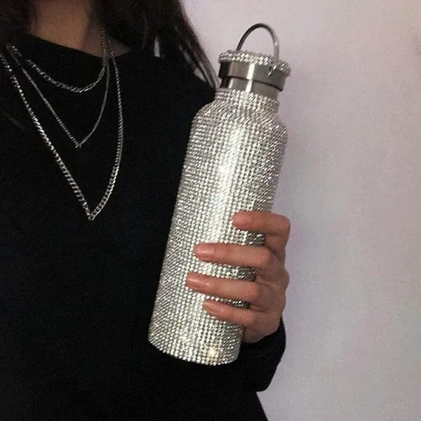 Mousserande flaska costoso rhinestone dubbelvägg termisk kopp rån diamant termo vattenflaska bärbar för utomhus