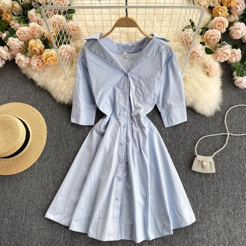 Singrein mulheres blusas coreano vestido retrô colarinho entalhado único vestido de escritório sólido de breasted verão casual streetwear vestido curto 210419