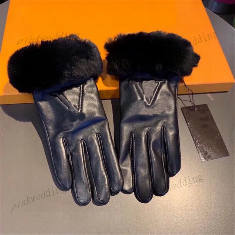 Broderi Brev Mitten Vinter Tjocka Handskar Luxury Fur Leather Mittens Vintage Elegant Plush Glove För Lady