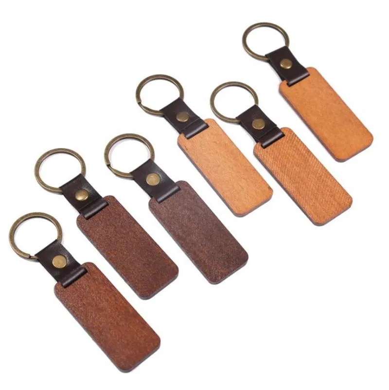 Trä Specialdesigna Nyckelringar Blanketter för gravering Handgjorda läder Keychain Round Rectangle Wood Bagage Dekoration Key Ring DIY