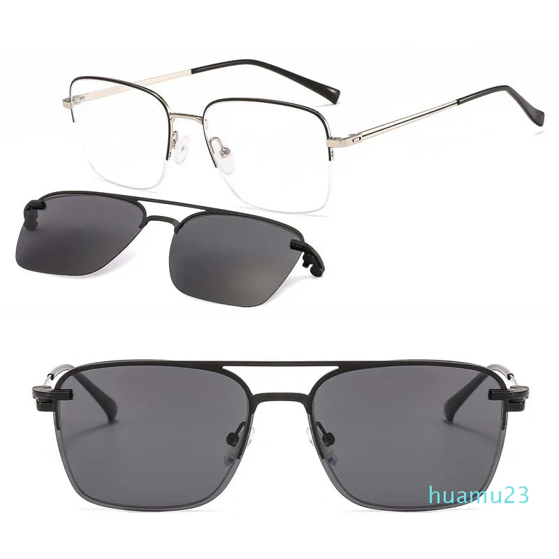 Clip métallique sur lunettes de soleil 33083 Forme carrée Verres de demi-jante optique de forme carrée avec des lentilles polarisées amovibles amovibles pour hommes