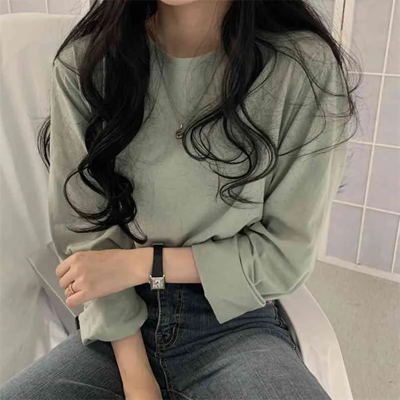 Femmes T Shirt Automne Style Coréen Lâche Net Rouge À Manches Longues Solide Couleur T-shirt Base Intérieure T-shirts Slim Tops GK435 210507