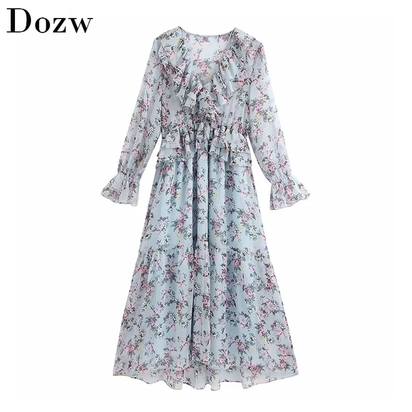 Kobiety Elegancki Kwiatowy Druku Długa Dress V Neck Ruffles Vintage Lady Przezroczysty Motyl Rękaw Moda Plised 210515