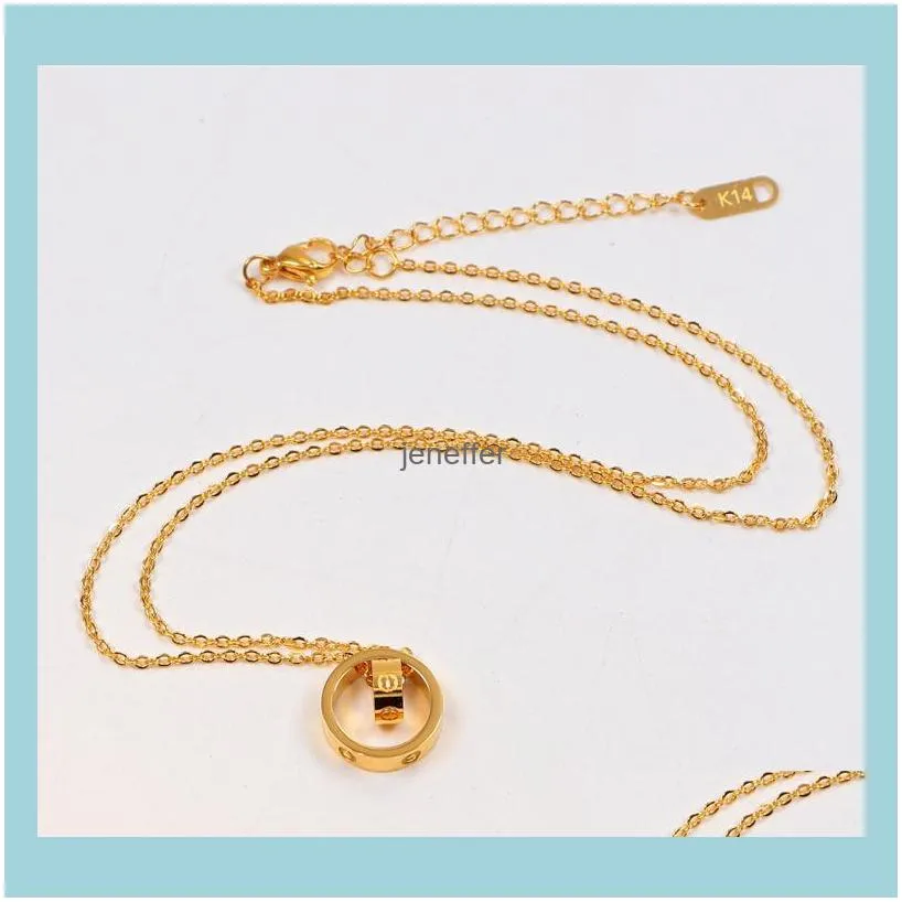 Fashion LOVE Dual Circle Pendant Rose Gold Silver Necklace For Women Lover Neckalce Jewelry With Velvet Bag No Box