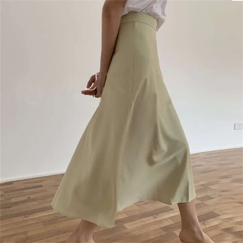 Été Silk Jupes Femmes Couleur Solide Taille haute Midi Femme A-Line Faldas Coréen Streetwear 210421