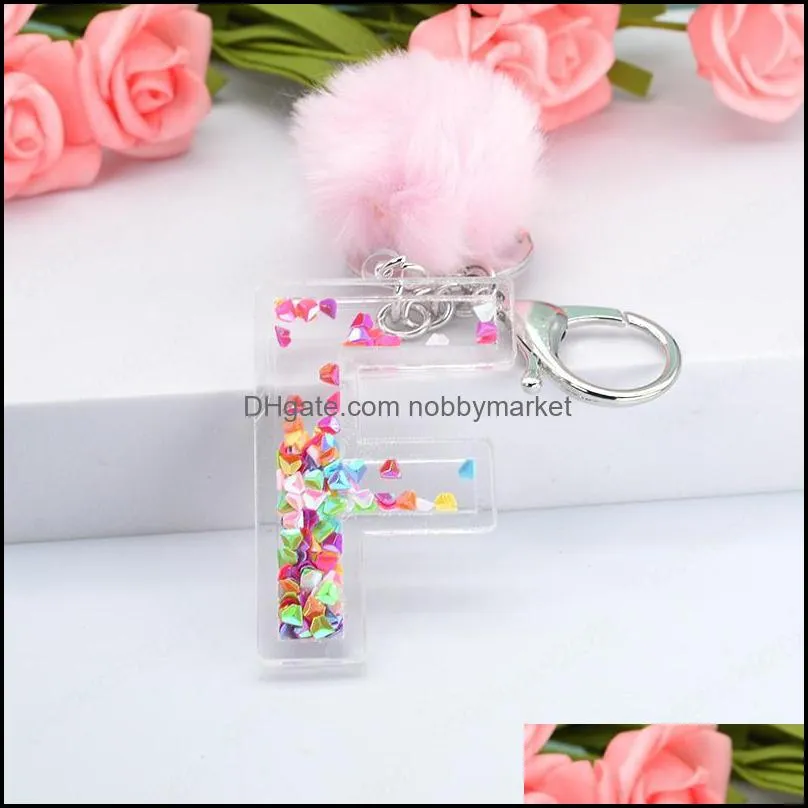 Letter Keychains 26 Glitter Hollowed-Out Pink English Alphabet Car Key ring Women Handbag Crafts With Puffer Ball Gift