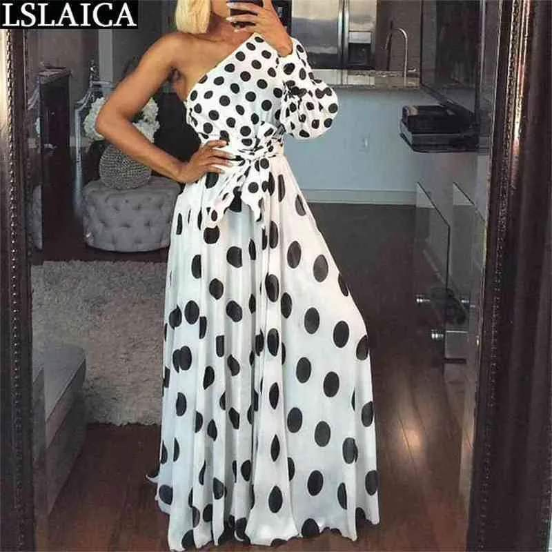 Dress women long sleeve one shoulder dolka dot pint summer elegant plus size maxi dress white evening party club clothes 210515