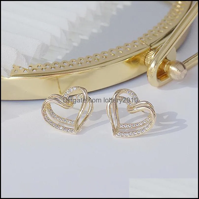 Love Heart Earrings For Women Bling Shine Zircon 14K Real Gold Stud Earring Wedding Birthday Gift Jewelry Ins Hot Sale Korean