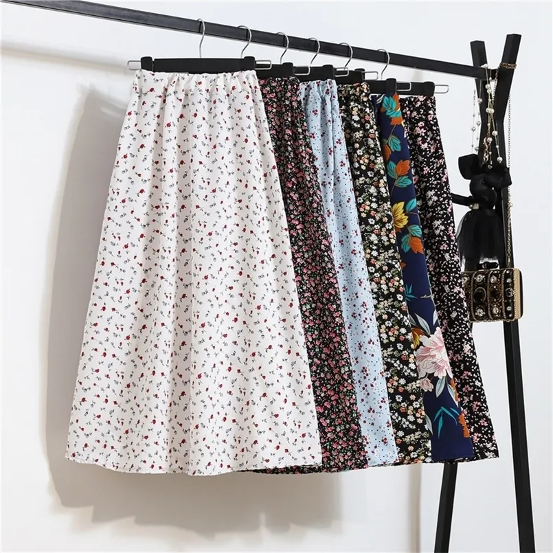 Summer kjolar kvinnor vintage blommigt tryck chiffong a-link elastisk hög midja casual midi kläder jupe plus storlek 220221