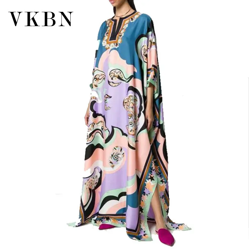 VKBN s Mode Femmes Robe Longue Trois Quarts Col En V Motif Géométrique Impression Maxi Robes pour Femmes 210507