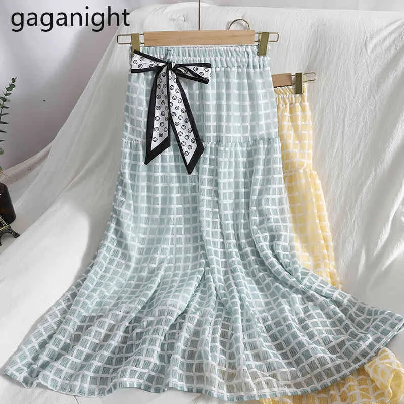 Gaganight Vintage клетки A-Line плиссированные длинные юбки женские эластичные высокие талии MIDI юбка бабочка галстук летом дамы пляжные юбки 210519