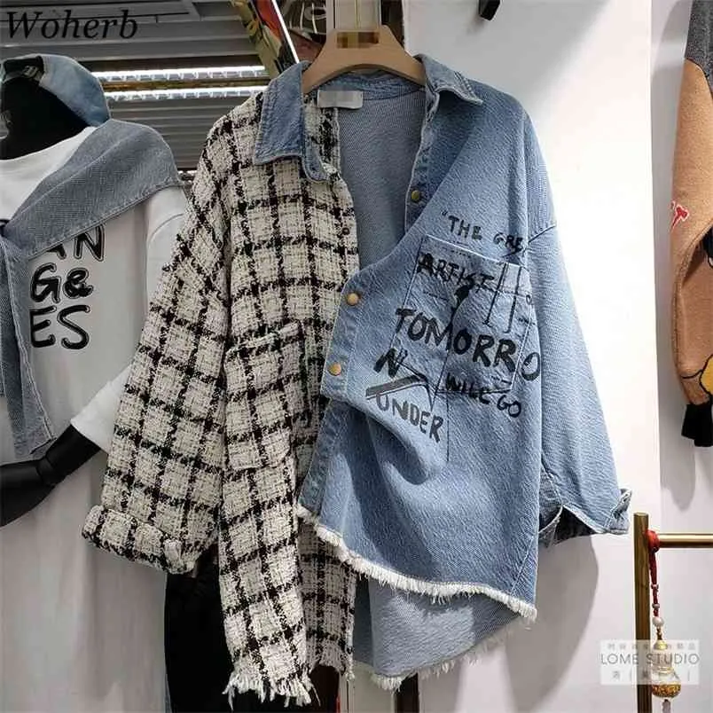 Harajuku Denim Vestes Femmes Modis Plaid Patchwork Lettre Imprimer Vintage Jeans Manteau De Mode Streetwear Chaqueta 210519