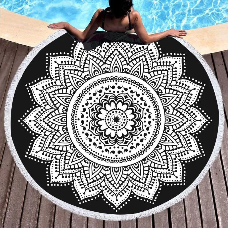 Towel UJXS Round Blanket Mandala Printed Hanging Ball Tassel Bath Yoga Mat Beach Tapestry 150CM