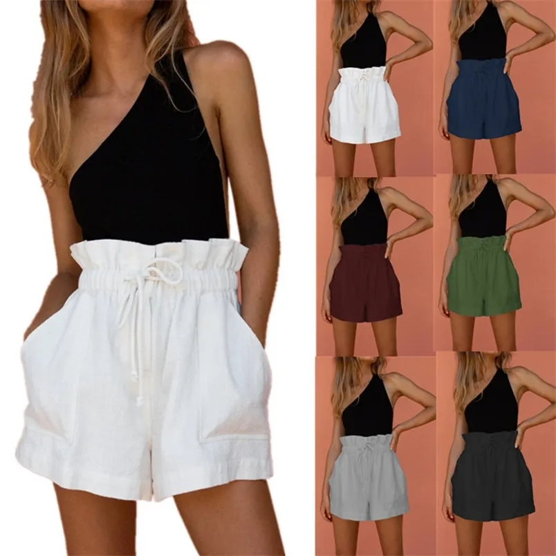 Pure Color Pocket Short Pants Women's Summer Cotton Linen High Waist Large Size Slim Loose Drawstring Wide-Leg Shorts Femme 210517