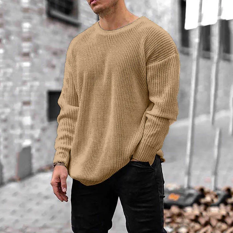 Fashion Men Autumn Winter Long Sleeve O Neck Solid Colors Knitted Pullover Sweater Loose Tops Casual Plus Size Pull Homme#35 210929