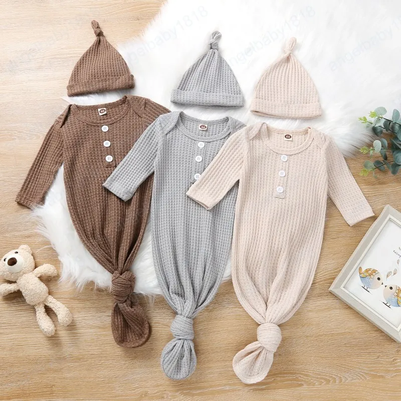 Soft Cotton Newborn Baby Sleeping Bag+Hat Button Solid Color Plaid Simple Style Home Infant Baby Swaddle Wrap Sleepwear