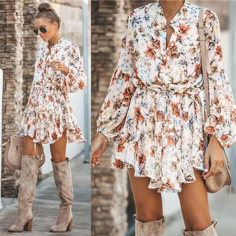 Casual Kleider Weiß Rüschen Mini Vintage Print Unregelmäßiges Kleid Herbst Kleidung Laterne Hülse Elegante Chiffon Spitze Up Slim Streetwear