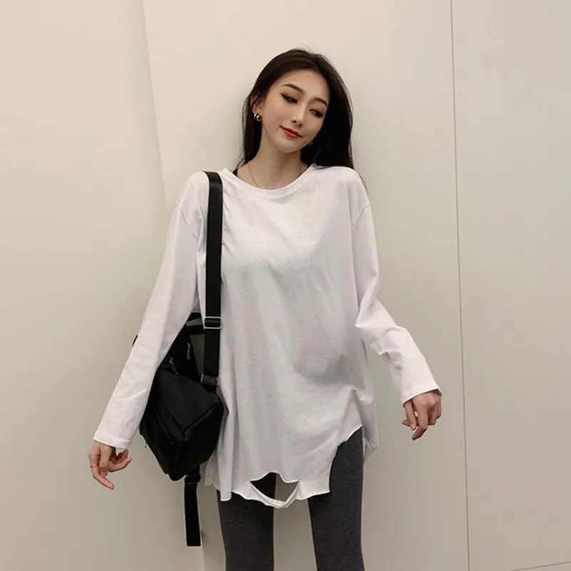 Kadınlar Gevşek T-shirt Uzun Kollu İlkbahar Yaz Moda Kadın Streetwear Rahat Büyük Boy Delik Beyaz Tişörtleri Tops 210423