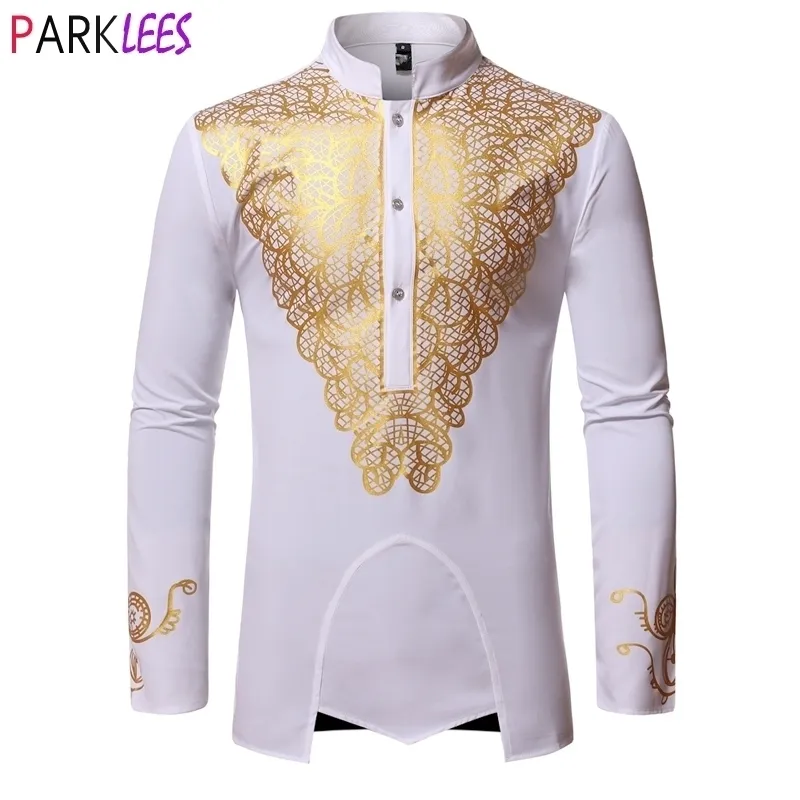 Luxus Metallic Gold Print Afrikanischer Mann Kleidung Agbada Kaftan Kleidung Weiße Hochzeit Herrenhemden Nehru Kragen Dashiki Hemd 210522