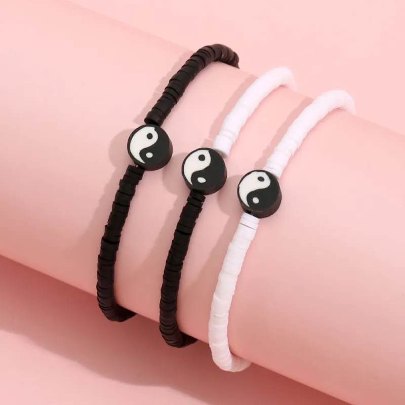 Pulsera de chismes Yin-Yang con hebras de cuentas de disco Heishi de vinilo de diseño clásico al por mayor para hombres y mujeres parejas 3 unids/set