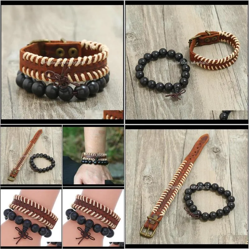 niuyitid men bracelet vintage handmade brown leather beaded hand bracelet jewelry male wristband