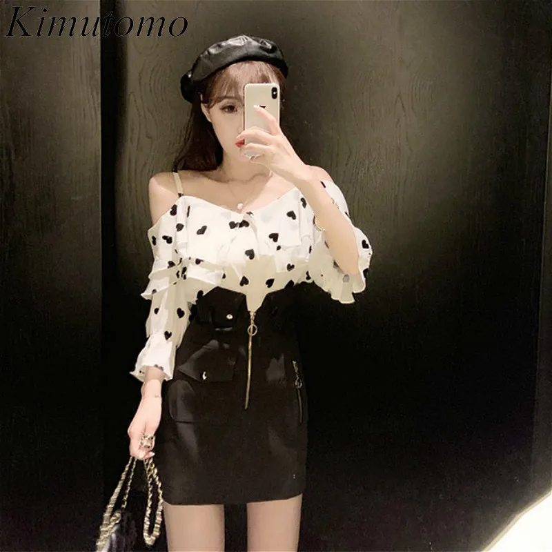 Kimutomo Gonna e Top Set Donna Primavera Corea Chic Donna con spalle scoperte Camicia in chiffon con stampa a cuore e gonne a vita alta 210521