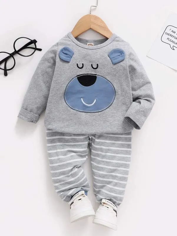 Baby-Cartoon-Stickerei, 3D-Ohr-Patch-Pullover, gestreifte Jogginghose, SIE