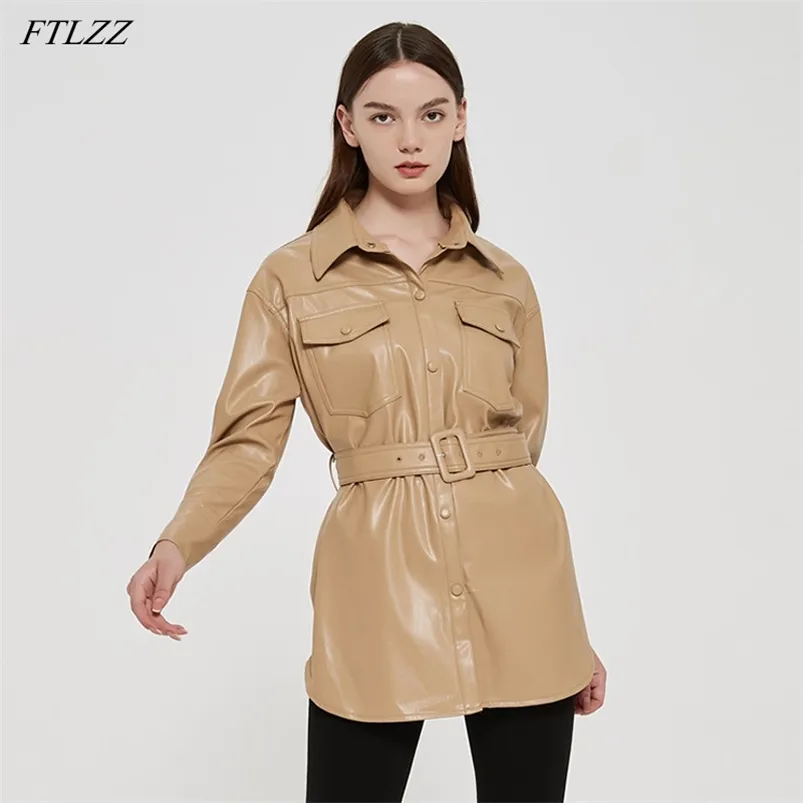 Printemps automne femmes Pu Faux cuir veste col de chemise simple boutonnage manteau Slim Fit épais moyen Long Outwear avec ceinture 210430