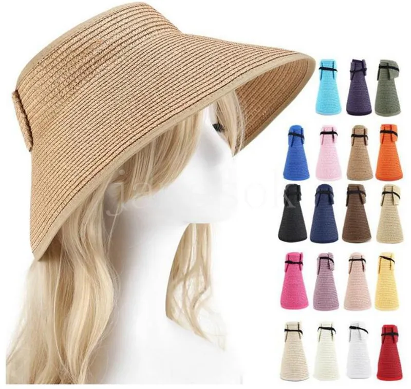 19 ألوان شاطئ Sunshade Hat Visor Strawhat Wide Brim Fold Cap Cap Hollow Hats البالغين ألوان صلبة DB871