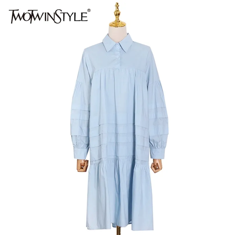 Loses blaues Hemdkleid für Frauen Revers Langarm lässig elegante Midi-Kleider weibliche Modekleidung 210520