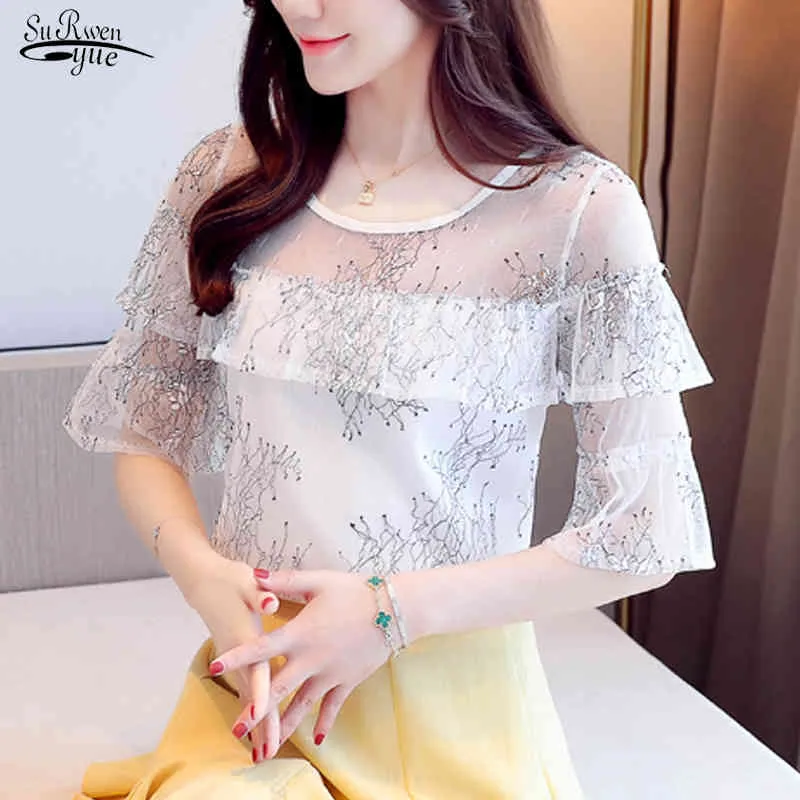 Été solide à manches courtes maille en mousseline de soie Blouse femmes dentelle coréenne pull ample dessus de chemise Chemisier Femme 9563 210508