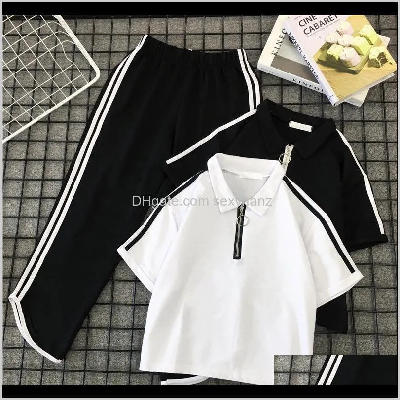 2 piece set women striped casual streetwear zipper sport tracksuit women tops t-shirt +pants harajuku two piece outfits