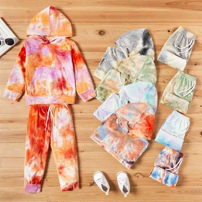 Chegada outono e inverno 2 peça bebê criança tie-tintura com capuz de manga comprida pullover calças sets kids roupas 210528