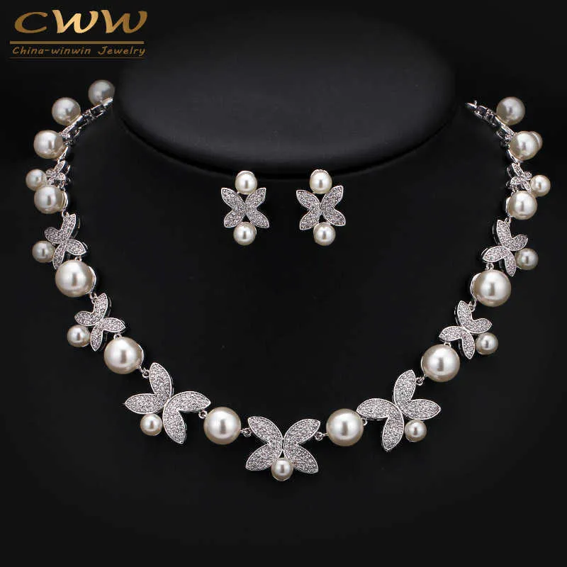 Wysokiej jakości Biały Złoty Kolor Micro Inlay Cubic Cyrkonia Big Pearl Bridal Choker Naszyjnik Zestawy Dla Biżuterii Ślubnej T247 H1022