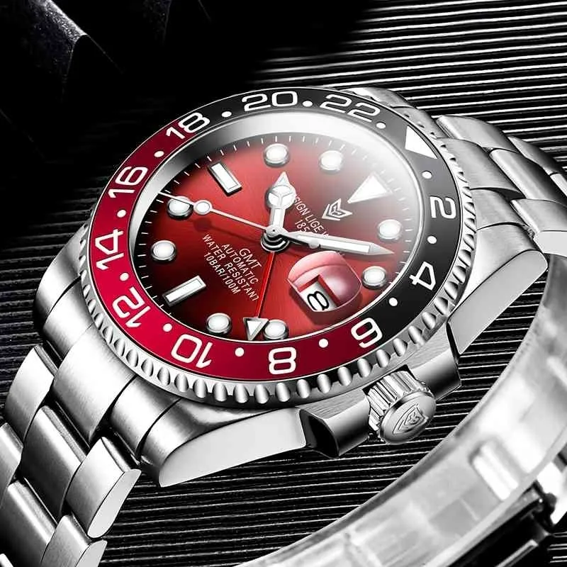 Lige Brand Sapphire стекло автоматические часы Reloj Hombre роскошные мужчины механические наручные часы из нержавеющей стали GMT мужские 210527