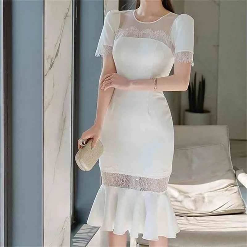 Ol sexig mesh patchwork mantel sjöjungfru klänning kvinnor sommar vit yrke klänningar elegant bodycon vestidos 210603