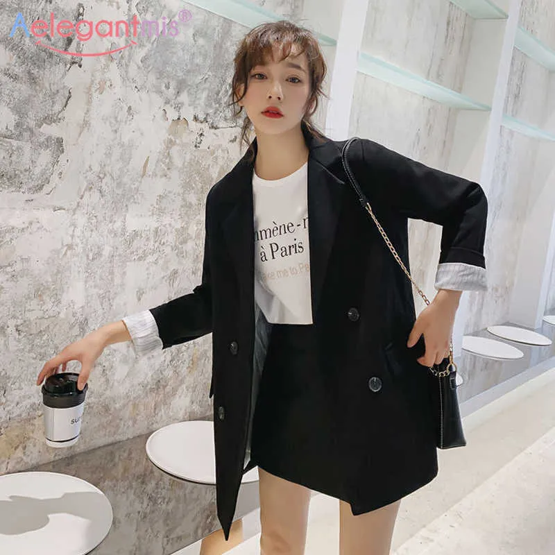 Aelegantmis Chic Black Women Double Breasted Business Casual Blazers Office Lady Work Suit Coat Ladies Vintage Loose Outerwear 210607