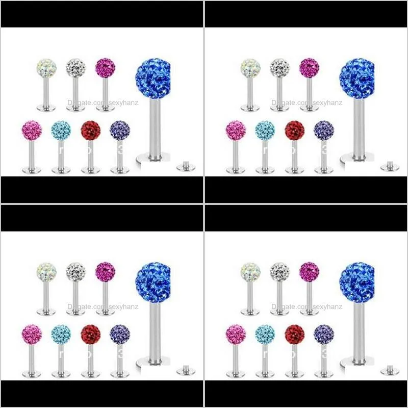  shipping,wholesales 20pcs mix 10 colors body piercing jewelry disco ball cz crystal lip piercing labret bar labret ring