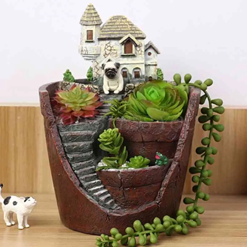 Mini House Figurine Vaso da fiori in resina per cactus alle erbe Piante grasse Fioriera Drop Shipping 210401
