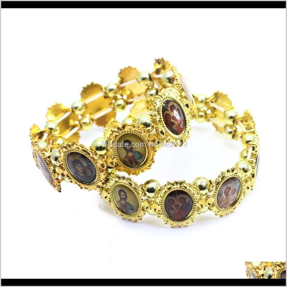 golden alloy christian orthodox icon elasticity wristband jewelry jesus hand beaded bracelet religion accessories christmas gift